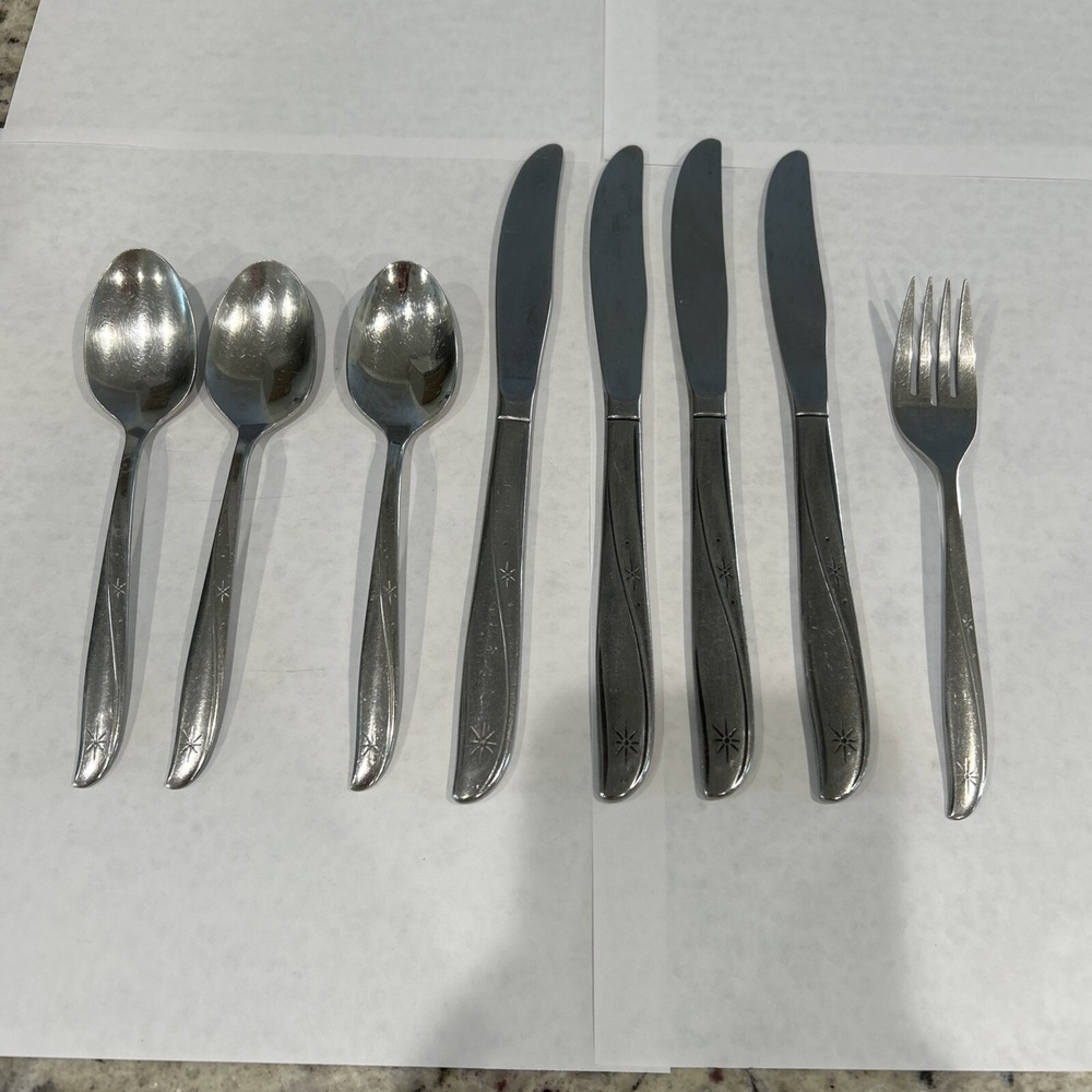 ONEIDA Community Twin Star Atomic Starburst Teaspoon, Fork, Knives Cutlery 8 Pc